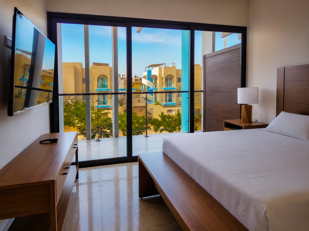 Bedroom furnished by Homiture — rental-ready unit in the Riviera Maya