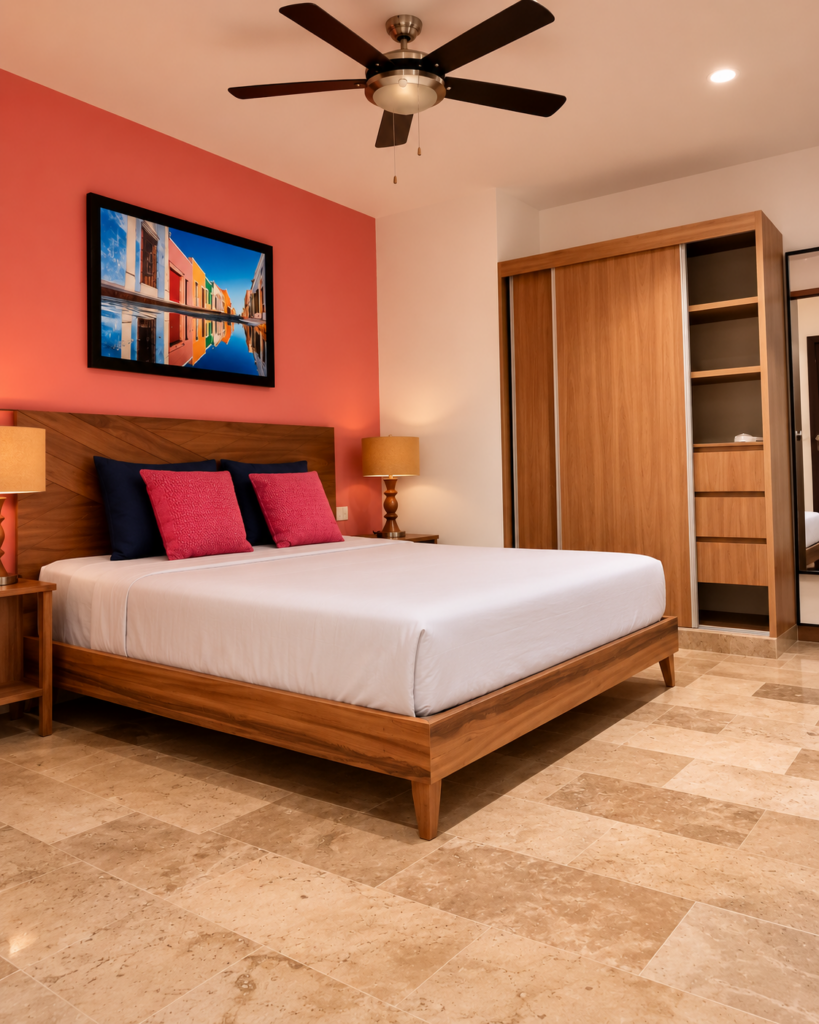 Bedroom furnished by Homiture — rental-ready unit in the Riviera Maya