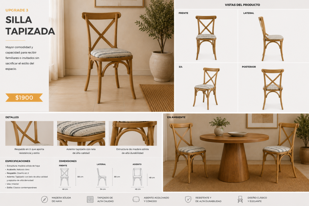 Silla extra tapizada, respaldo cruzado